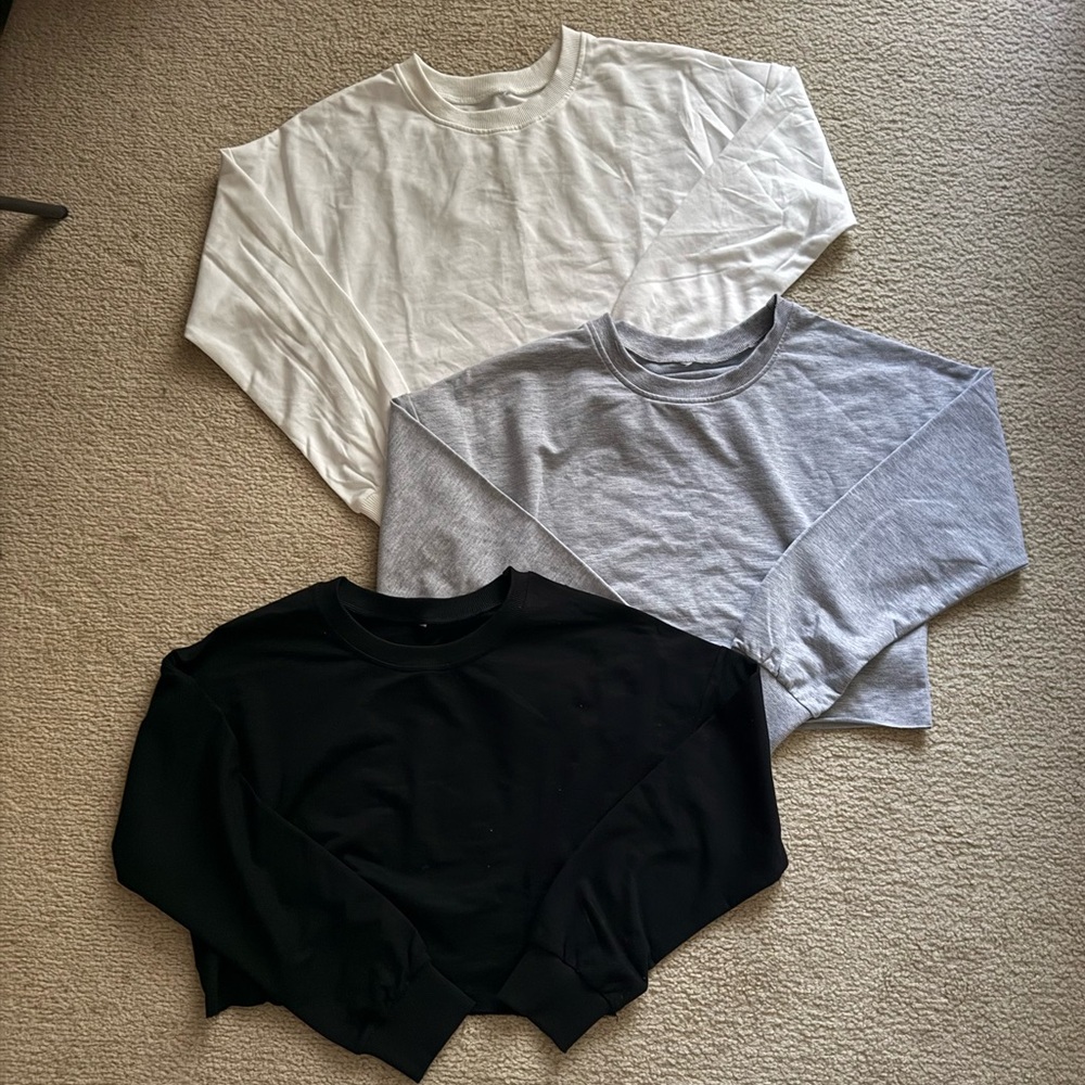 Set of Three Cropped Long Sleeve Shirts Tops - Black, Gray, White
